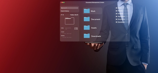 Concept de gestion de documents Icônes d'écran virtuel Système de gestion de documents DMS Logiciel de base de données de documents en ligne pour une recherche d'archivage et une gestion efficaces des fichiers et des données de l'entreprise