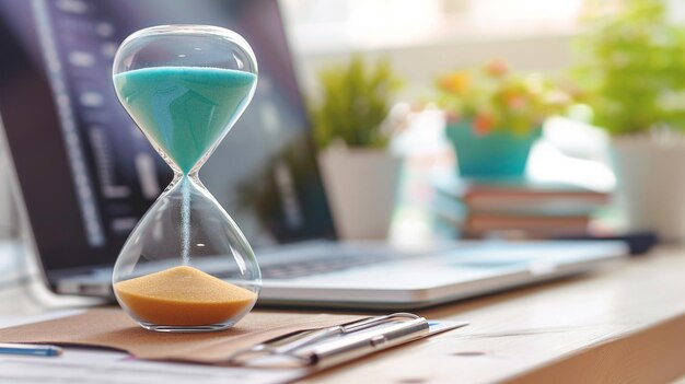 Photo concept de gestion du temps sur une montre à sable et une horloge à sable sur une table en bois