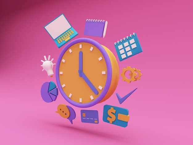 Concept de gestion du temps avec vue en perspective de l'horloge et des éléments illustration de rendu 3d