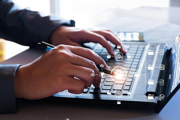 Photo concept de gestion de fichiers numériques les hommes d'affaires accèdent au stockage de données volumineuses sur internet digital