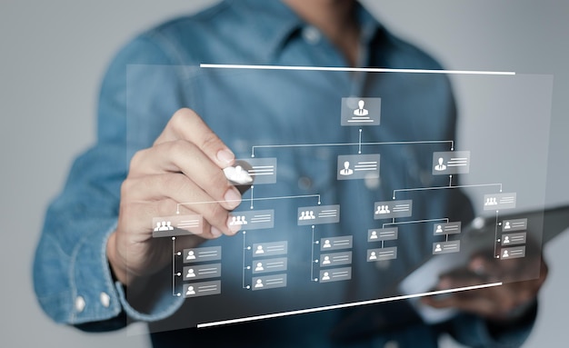 Concept de gestion des processus de flux de travail d'entreprise Système d'automatisation du flux de travail avec diagramme de données de la structure hiérarchique des départements dans l'organisation d'entreprise transformation numérique