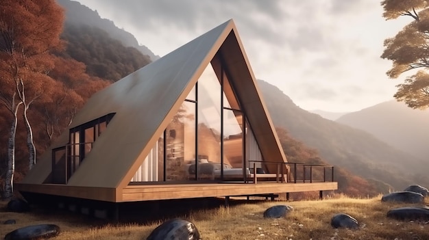 Concept de glamping avec une maison moderne et une forêt de montagne