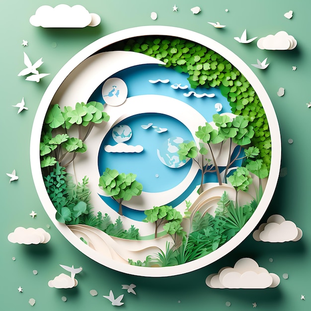 Photo concept de globe plat 3d avec arbre vert et couleur bleue