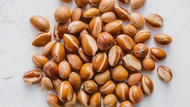 Photo concept de graines d'argan isolées sur une surface blanche, d'huile d'argon et de noix d'argun