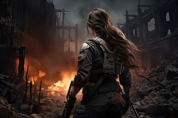 Concept de guerre Femme militaire dans les ruines d'un bâtiment détruit Une femme militaire avec un fusil d'assaut debout devant un bâtiment brisé sur un champ de bataille vue arrière complète AI généré