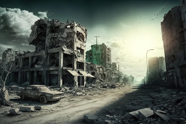 Photo concept de guerre et ville détruite ai générative
