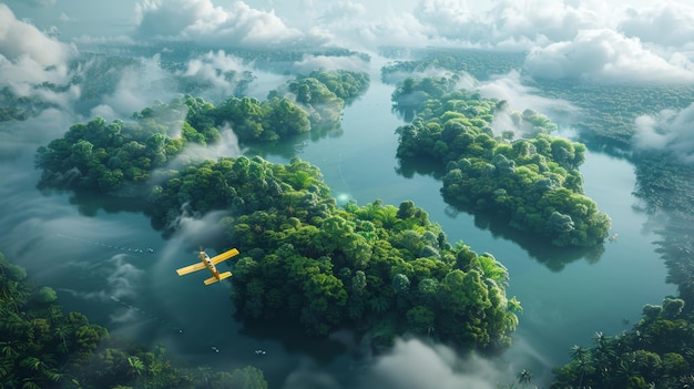 Photo le concept d'habitat mondial avec une dense végétation de forêt tropicale, des lacs en forme de continents mondiaux, des nuages et un avion jaune.