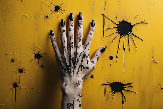 Photo concept d'halloween avec des griffures sur le mur jaune des ongles de zombie