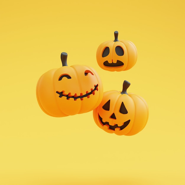 Concept d'Halloween heureux avec le caractère de citrouilles sur le rendu jaune background.3d.