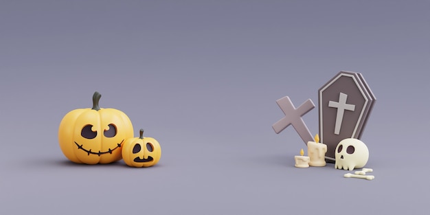 Concept d'Halloween heureux, personnage de citrouilles, crâne, os, cercueil. sur fond gris. rendu 3d.