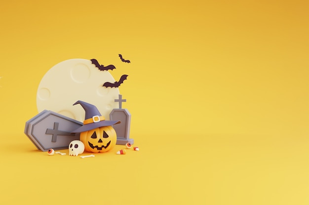 Concept d'Halloween heureux, personnage de citrouilles portant un chapeau de sorcière, crâne, os, crucifix, chauve-souris, cercueil. Sous le clair de lune. sur fond jaune. Rendu 3d.