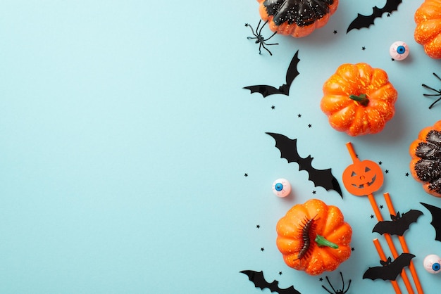 Concept d'Halloween Photo vue de dessus de silhouettes de chauve-souris citrouilles insectes araignées mille-pattes globes oculaires fantasmagoriques pailles à cocktail et confettis sur fond bleu pastel isolé avec espace vide