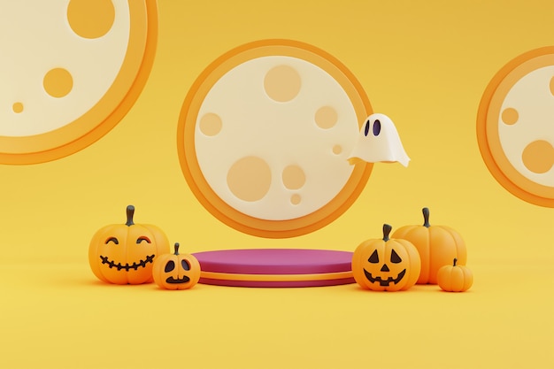 Concept d'Halloween ,Podium pour l'affichage du produit avec caractère citrouilles,fantôme sous le clair de lune .sur fond jaune.rendu 3d.