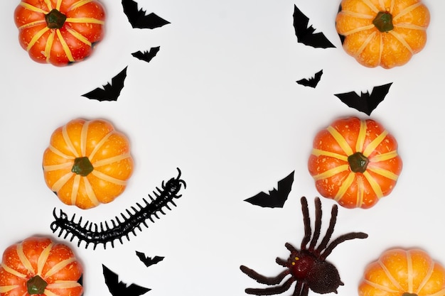 Concept d'Halloween Scary smile citrouille avec mille-pattes et araignée avec silhouette battant noir chauve-souris