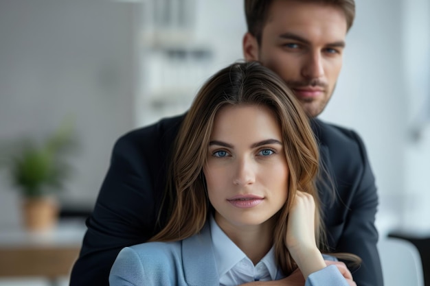 Photo concept de harcèlement le patron masculin embrasse sa subordonnée féminine au bureau