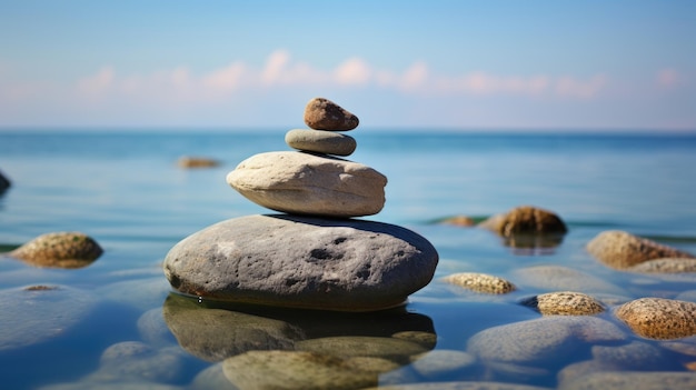 Concept d'harmonie et d'équilibre Équilibrez les pierres contre la mer Créé avec la technologie Generative AI
