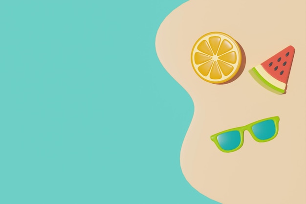 Concept d'heure d'été avec des lunettes de soleil orange pastèque et des éléments de plage d'été rendu 3d