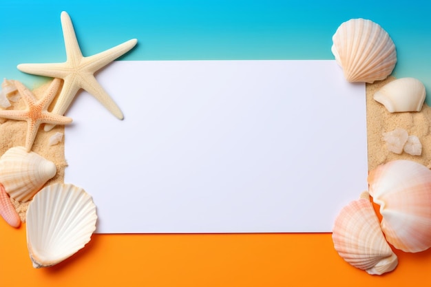 Concept de l'heure d'été avec papier vierge sur fond coloré Coquillages étoiles de mer sable de plage Illustration générative de l'IA
