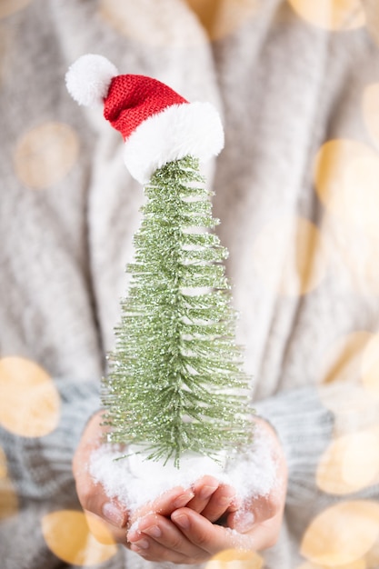 Concept d'hiver Jeunes mains tenant le décor de Noël. Idée de décoration de Noël. Décor de Noël entre les mains d'une femme, fond avec bokeh or.