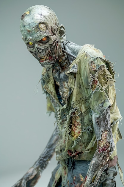 Photo concept d'horreur avec un zombie mort-vivant effrayant dans des vêtements déchirés sur un fond plat pour halloween