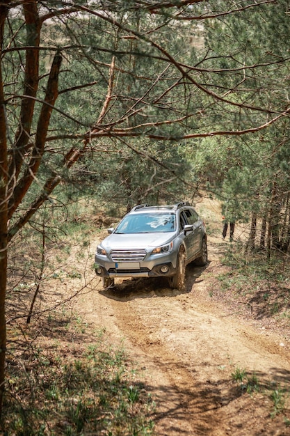 Concept hors-rad. voitures suv sales sur le sentier forestier. copie espace