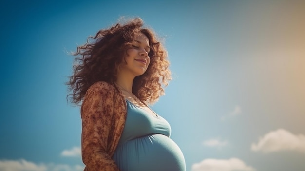 Concept d'IA générative grossesse et musique ventre de femme enceinte et écouteurs sur le ciel zone