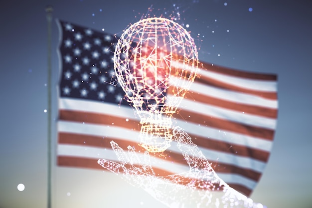 Concept d'idée virtuelle avec illustration d'ampoule sur le drapeau américain et fond de ciel bleu