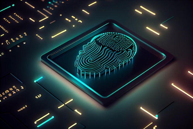 Concept d'identification biométrique et de cybersécurité Empreinte digitale lumineuse au néon sur fond sombre AI générative