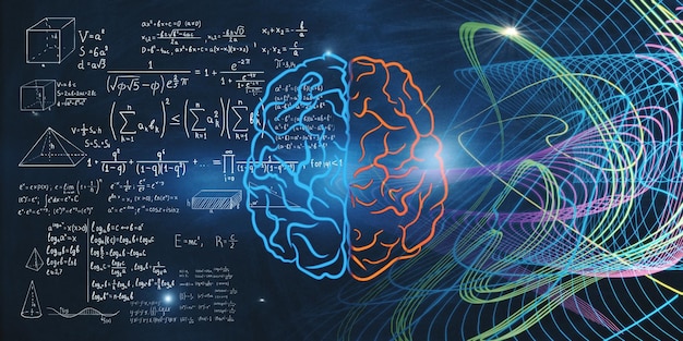 Concept d'illustration d'apprentissage automatique des formules mathématiques des parties du cerveau bleu et rouge et des lignes multicolores peintes de manière chaotique sur le rendu 3D du tableau noir