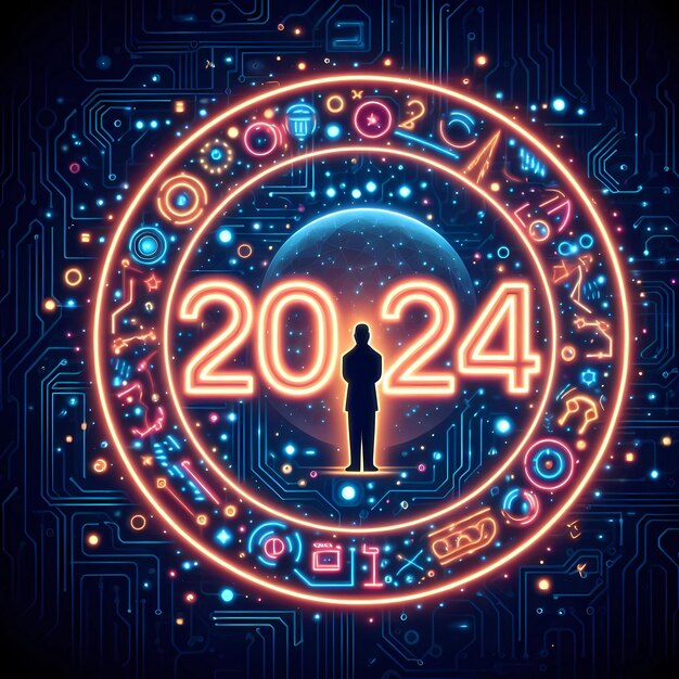 Photo concept d'illustration de la nouvelle année 2024 neon numéro de la nouvelle année 2024 contre à minuit