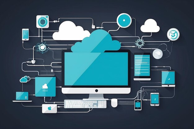 Concept d'illustration vectorielle de conception plate d'ordinateurs et d'appareils mobiles connectés avec des liens de trans
