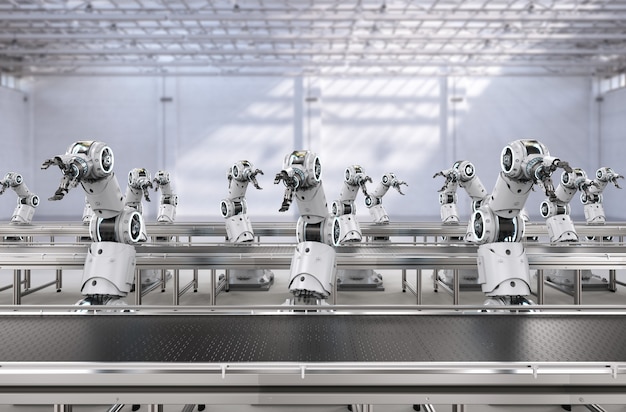 Concept de l'industrie de l'automatisation avec chaîne de montage de robot de rendu 3D en usine