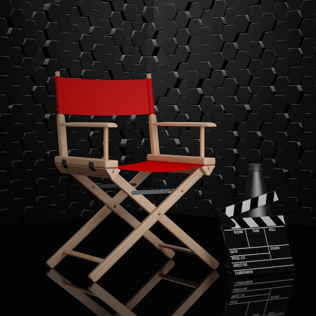 Concept de l'industrie du cinéma. Chaise de réalisateur rouge, Movie Clapper et mégaphone sur fond noir. Rendu 3D