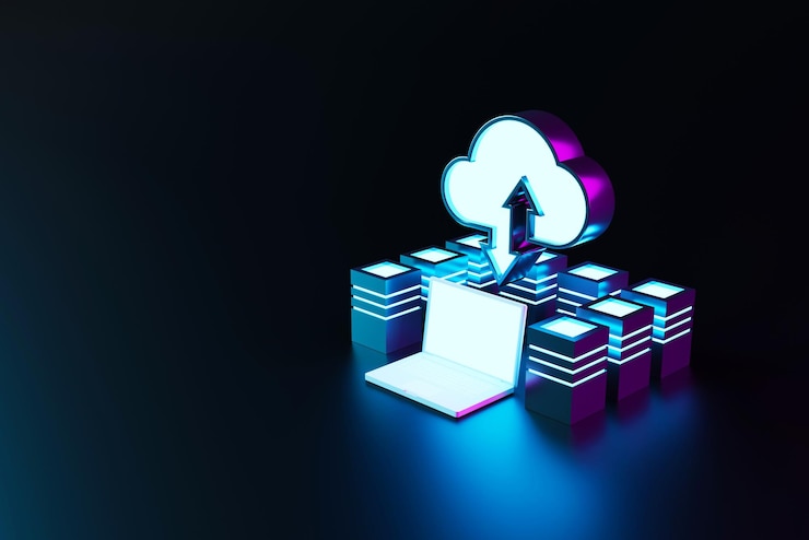 Photo concept d'informatique en nuage. centre de données technologiques sur le service cloud. illustration de rendu 3d