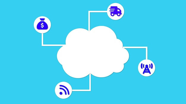 Concept d'informatique en nuage avec des icônes pour l'argent d'achat et le Wi-Fi sur un fond bleu