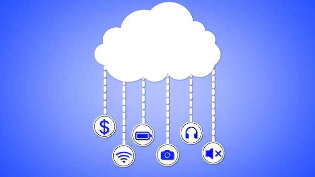 Concept d'informatique en nuage avec des icônes pour la connectivité de stockage de sécurité et la technologie sur un bleu