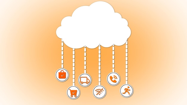 Concept d'informatique en nuage avec des icônes pour le stockage de bases de données de courrier électronique et le réseautage suspendus à un nuage