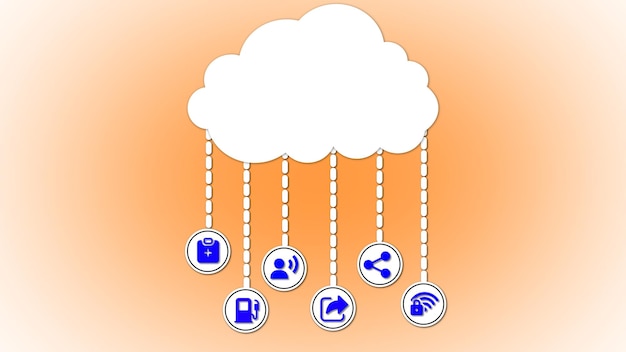 Photo concept d'informatique en nuage avec des icônes pour le transfert de données de sécurité et la connectivité accrochées à un styliz