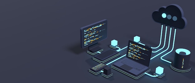 concept d'informatique en nuage technologie de nuage moderne centre de données concept isométrique technologie de nuage 3D avec centre de données concept d'hébergement Web rendu 3D