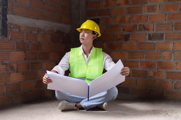 Concept d'ingénieur Le constructeur masculin s'asseyant sur le sol et lisant son plan de travail d'aujourd'hui dans ses mains avec un visage sérieux.