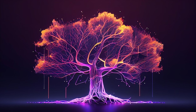 Concept d'intelligence artificielle un arbre avec des branches sous la forme de neurones réseau de neurones arbre rougeoyant futuriste fond sombre IA générative