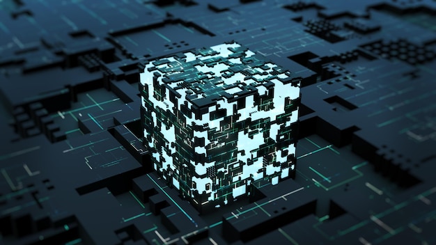 Concept d'intelligence artificielle Carte de circuit imprimé électrique avec feu de circulation de données sur sombre Numérisation par intelligence artificielle du réseau neuronal Lignes numériques Déplacer les données Rendu 3D