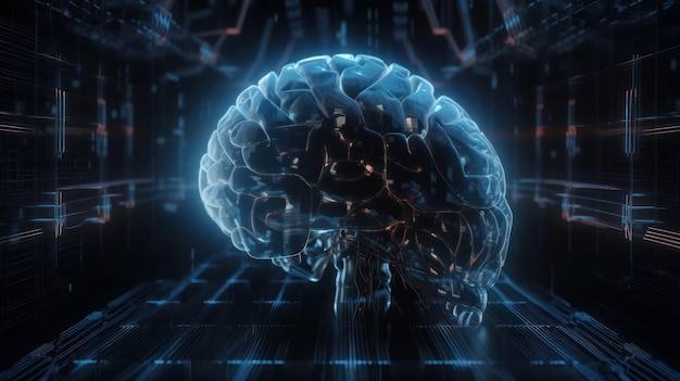 Concept d'intelligence artificielle avec cerveau androïde numérique et fond de carte de circuit imprimé