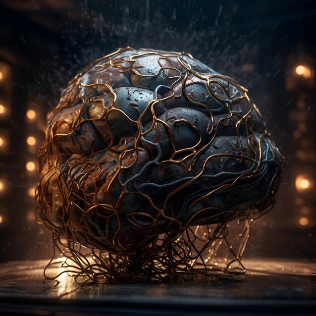 Le concept d'intelligence artificielle Le cerveau humain avec un fil doré sur un fond sombre
