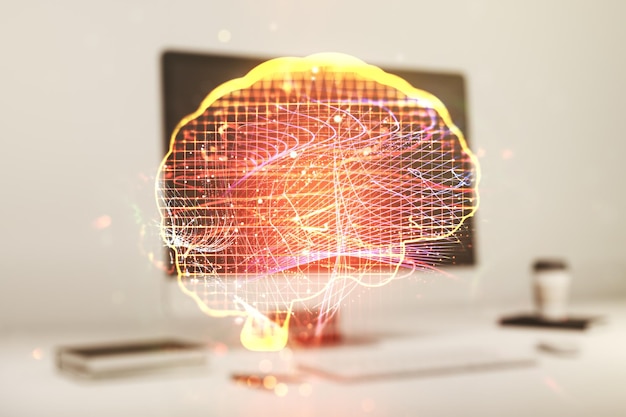 Concept d'intelligence artificielle créative avec un croquis du cerveau humain sur un fond informatique moderne Double exposition
