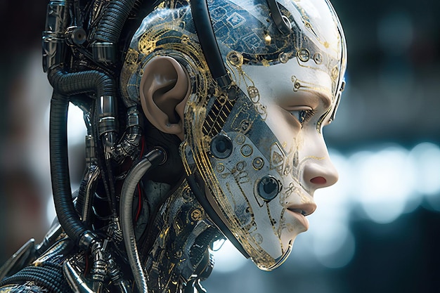 Concept d'intelligence artificielle Cyborg câbles robot futuriste concept devenir cinématographique de style humain