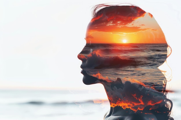Le concept d'intelligence émotionnelle la silhouette de la tête de la femme le soleil au-dessus de la mer