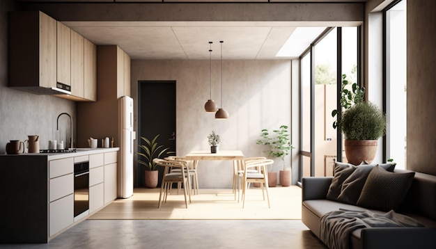 Concept d'intérieur de cuisine blanche et propre avec des meubles de salle à manger en bois et un canapé gris Generative AI