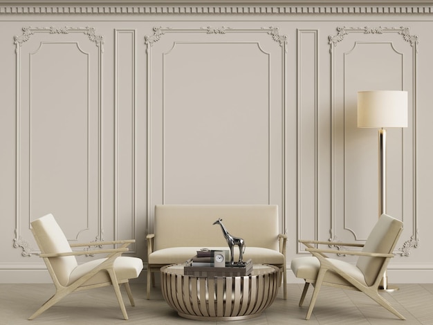 Concept d'intérieur ivoireMobilier classique dans un intérieur classique avec espace de copieMurs avec moulures ornéesParquet de solIllustration numériqueRendu 3d