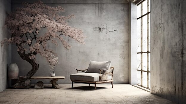 Le concept d'intérieur Wabi sabi combiné au minimalisme scandinave créé à l'aide d'une IA générative